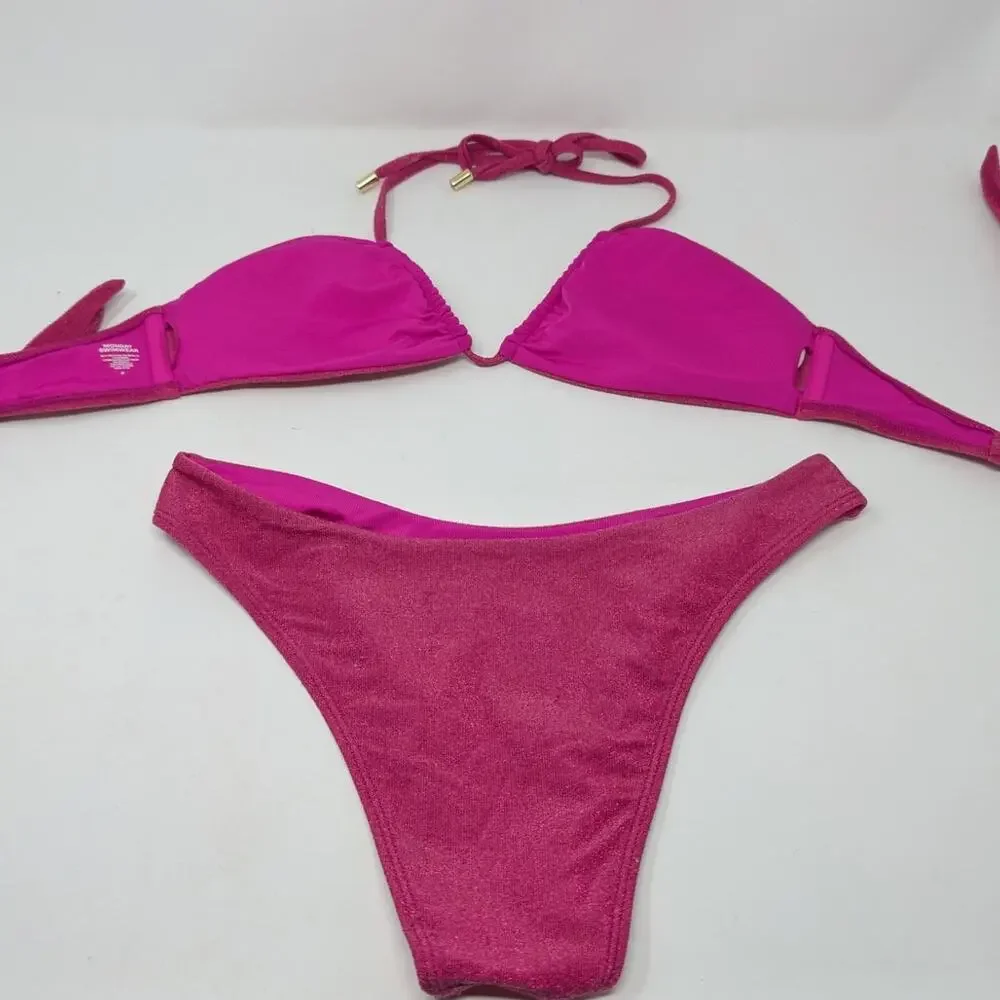 Monday Swimwear Pink Metallic Shimmer Bikini Set Small High Cut Halter